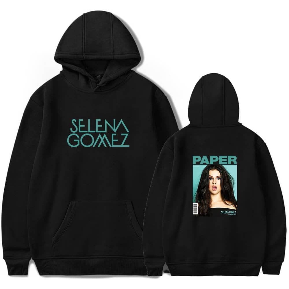 Black Selena Gomez hoodie featuring her name on the front and a magazine cover design on the back, perfect for fans to showcase their admiration. The hoodie is comfortable, stylish, and ideal for casual wear.