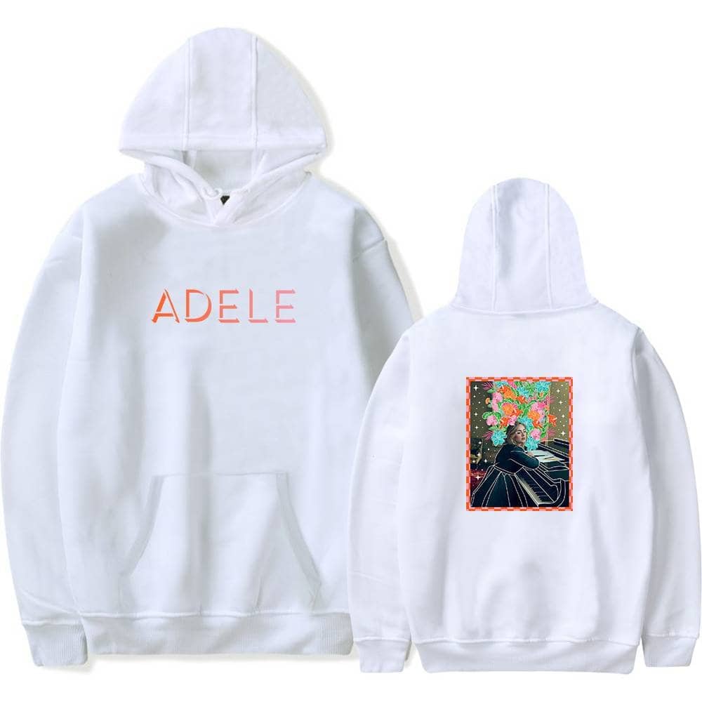 Adele hoodie with front text and colorful back artwork featuring a woman playing piano.