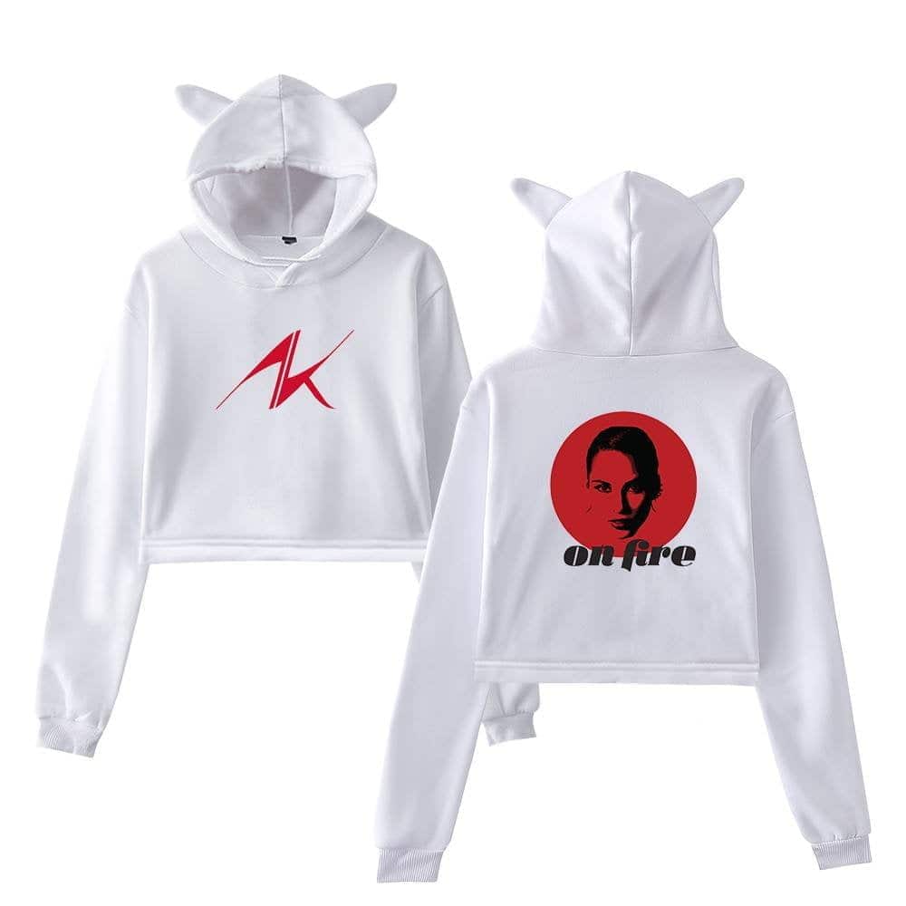 AK logo hoodie with white fabric and cute animal ears on the hood, featuring a bold red graphic on the back resembling a face with the text "on fire". Perfect for fans of trendy, playful streetwear.