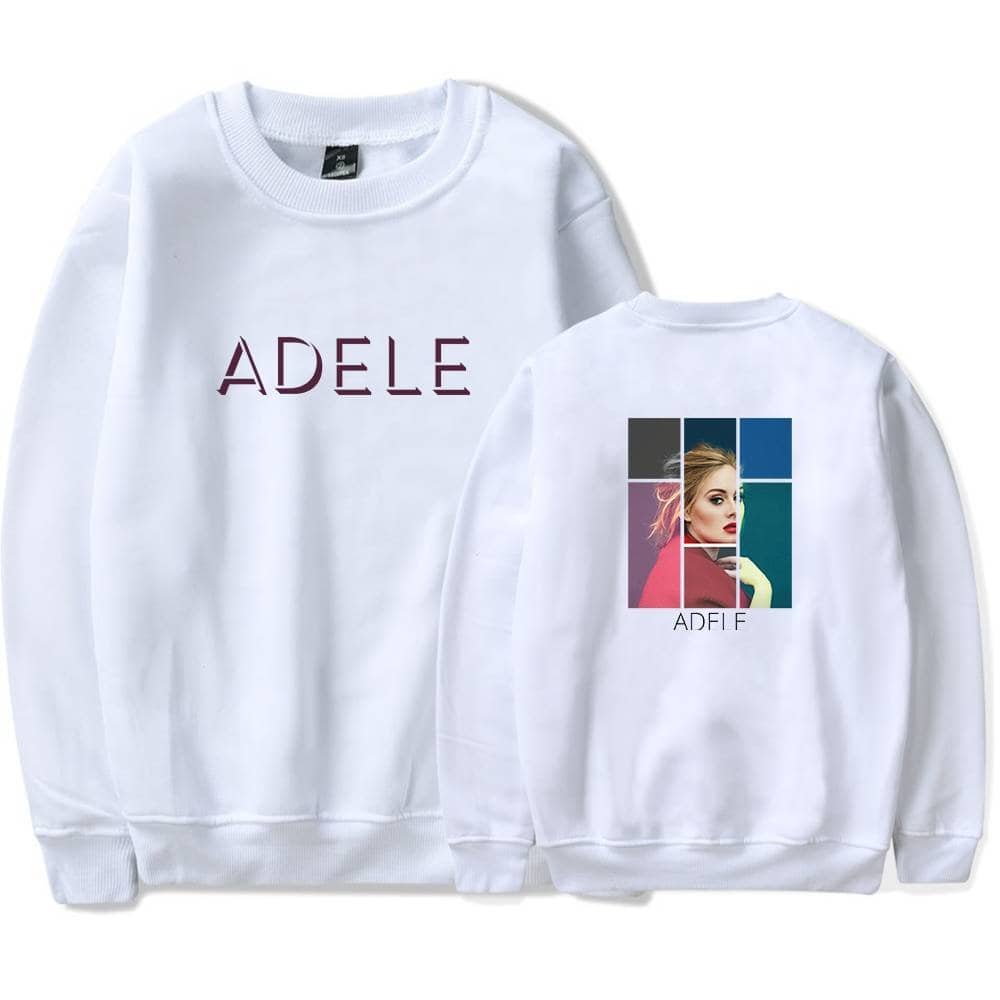 Adele sweatshirt with front text and back graphic featuring a portrait of Adele.