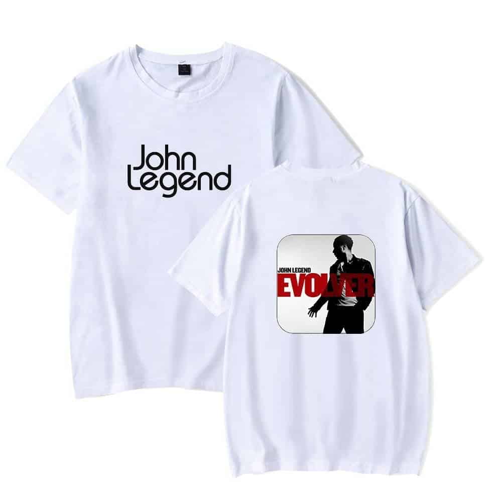 White T-shirt with "John Legend" text on the front and a silhouette of John Legend with "Evolver" graphic on the back, ideal for fans.