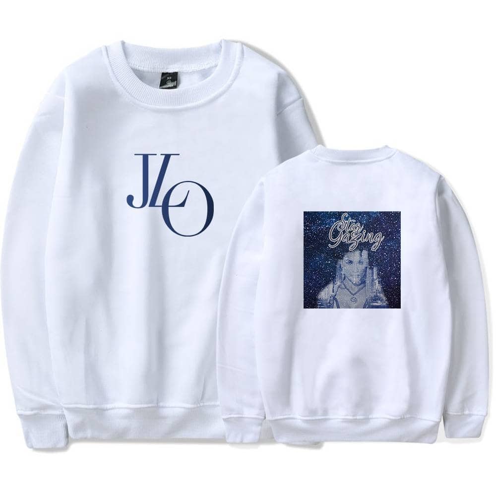 JLO logo sweatshirt with star gazing graphic print on the back, white long sleeve casual wear, stylish and comfortable for fans of pop music and celebrity merchandise.