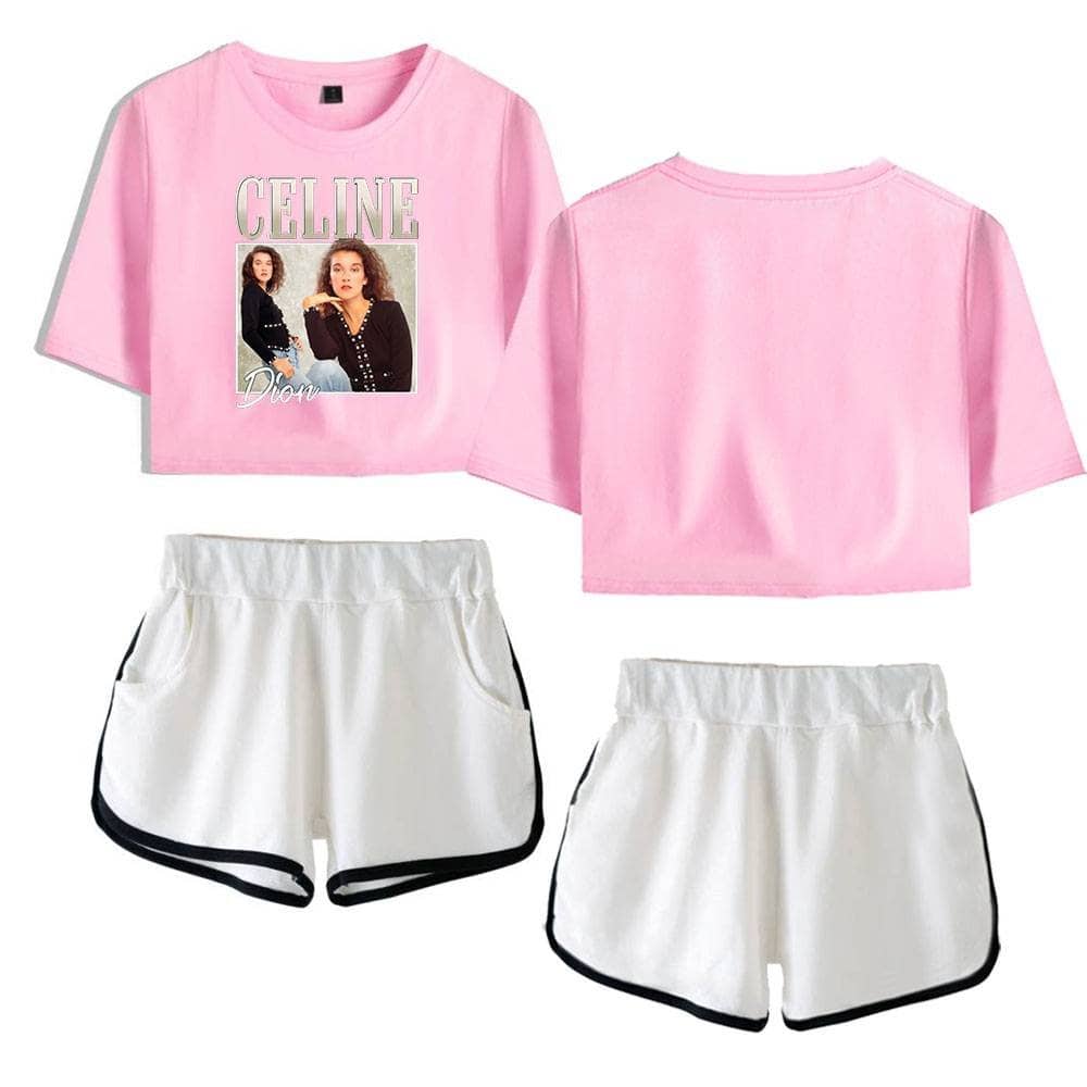Celine Dion graphic pink cropped T-shirt and white athletic shorts with black trim, stylish casual merchandise for fans.