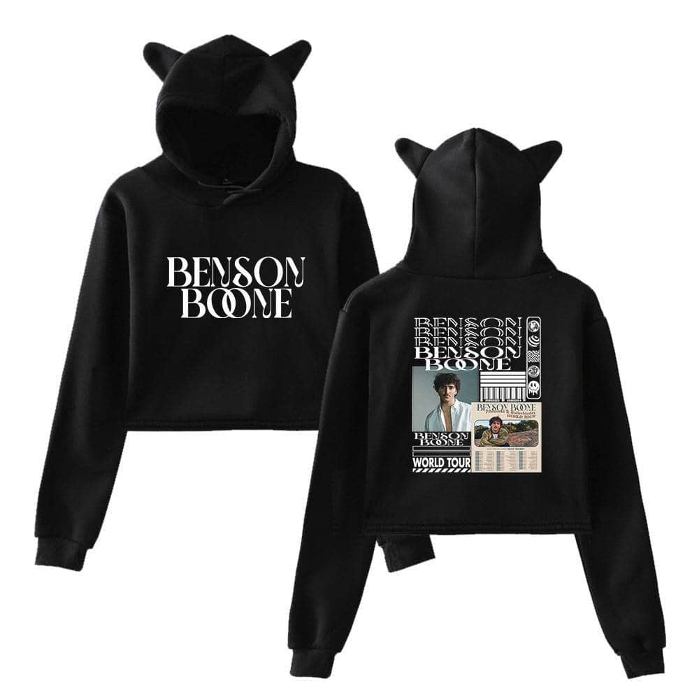 BENSON AND BONE black hoodie with pop culture graphic print, featuring a cartoon character and text, perfect for fans of music and streetwear style.