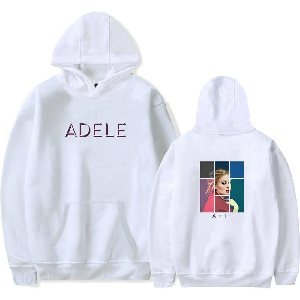 Adele white hoodie with personalized album cover graphic and name text, perfect for fans and casual wear.