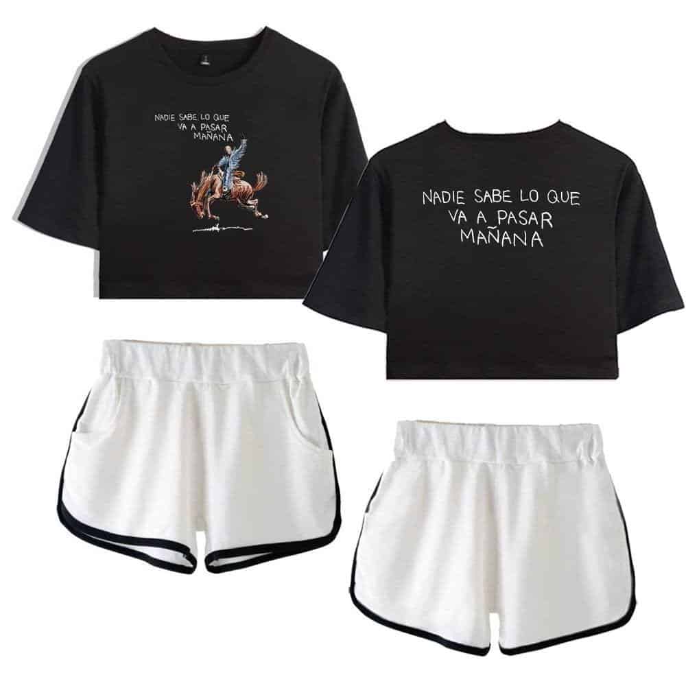 Nobody knows what will happen tomorrow embroidered graphic T-shirt and white athletic shorts set.