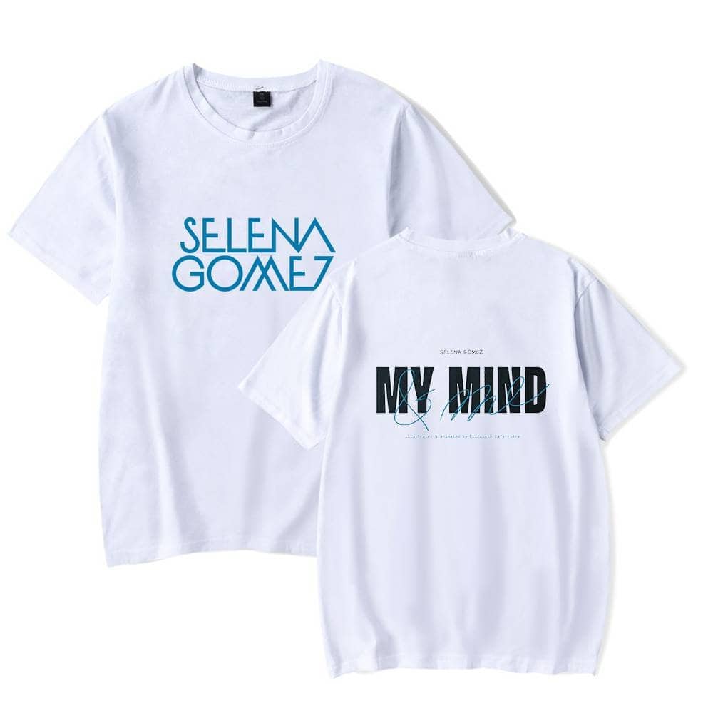 Selena Gomez white graphic t-shirts featuring her name on the front and "My Mind" design on the back, perfect for fans and casual wear.