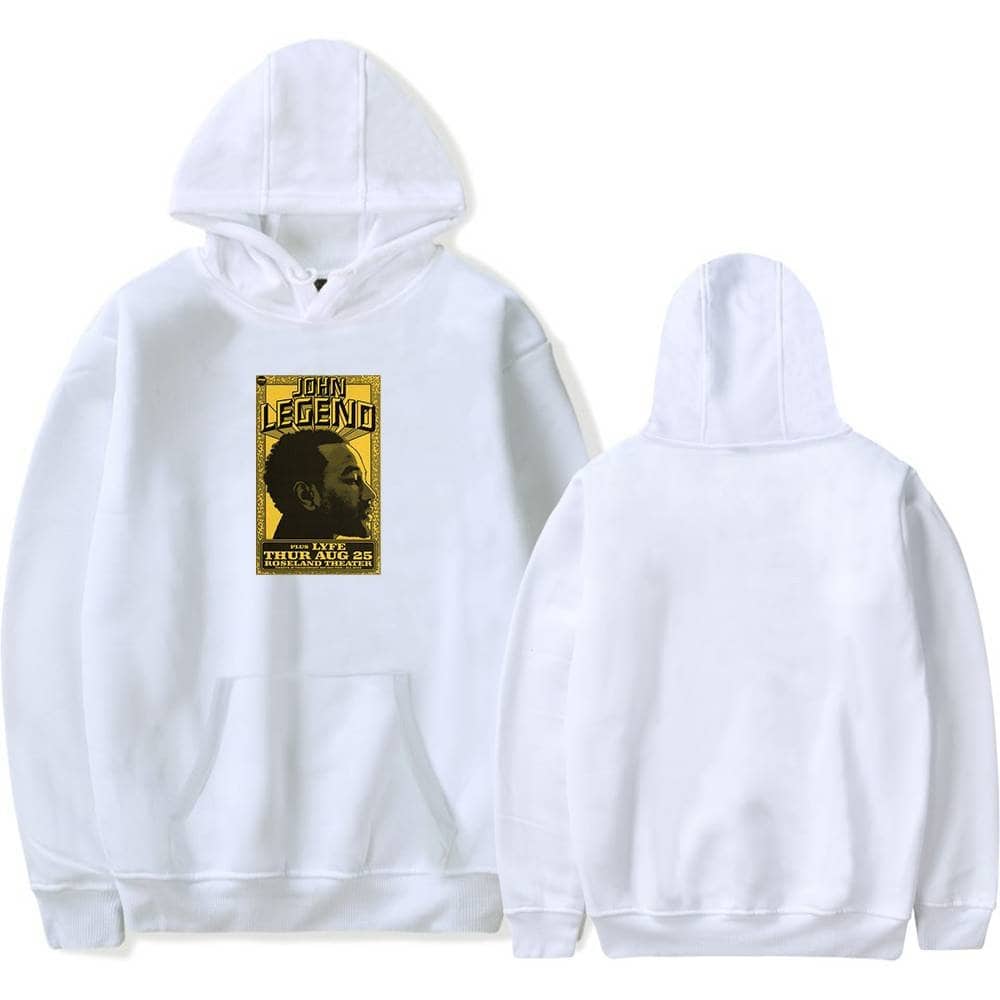Black and yellow hoodie with a "John Legend" concert poster design featuring a side profile of John Legend.