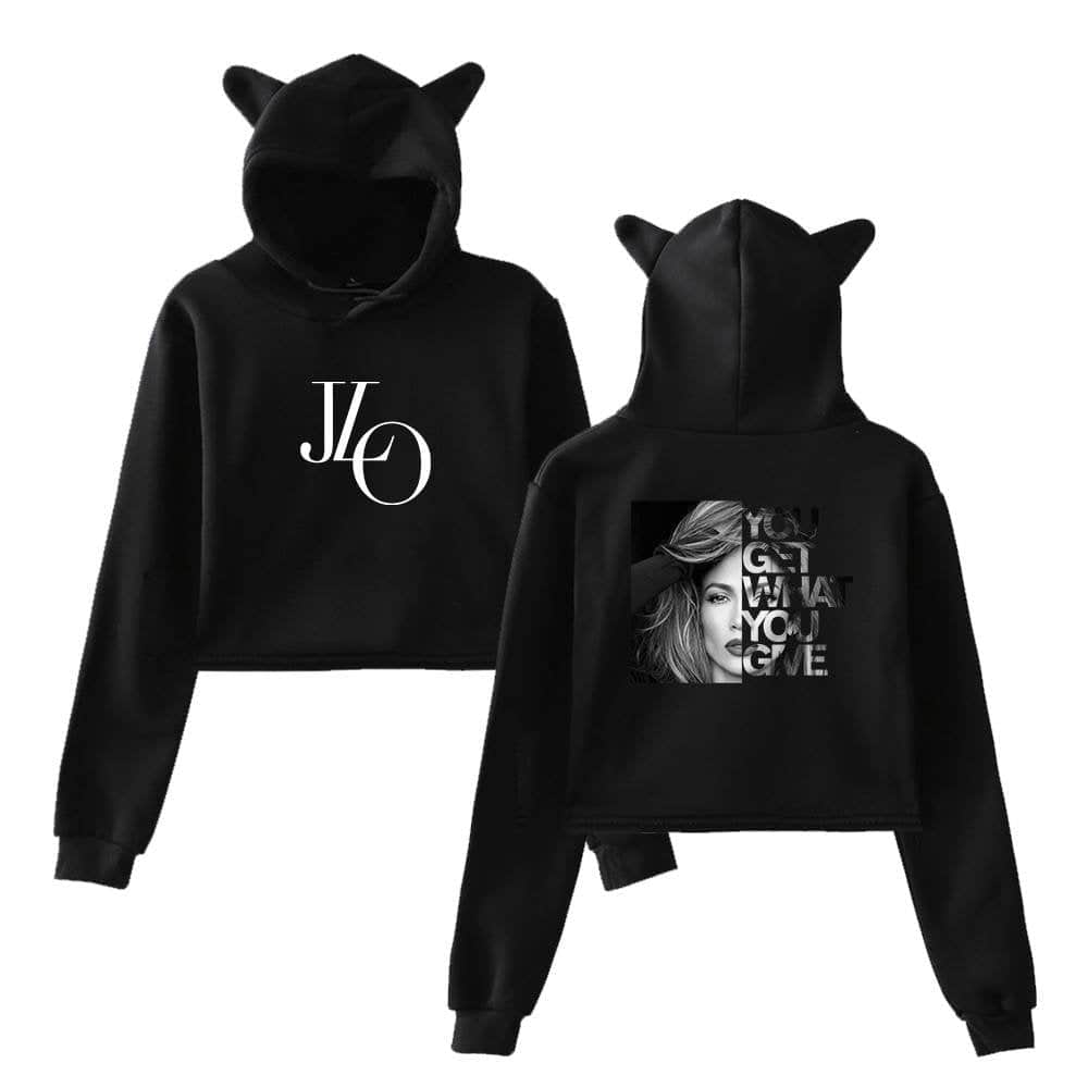 JLO hoodie with cat ear hood and stylish black-and-white graphic print.