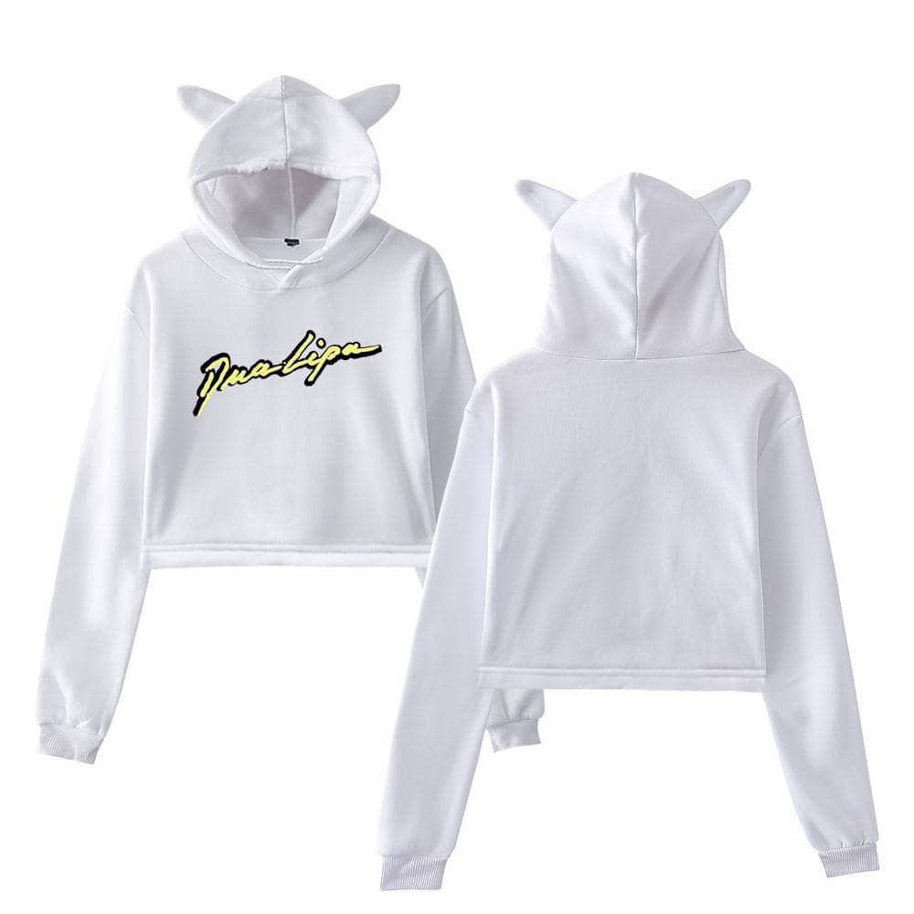 Soft white hoodie with animal ears, featuring a stylish black and yellow "Juuliga" logo on the front, perfect for casual wear or playful fashion statements.
