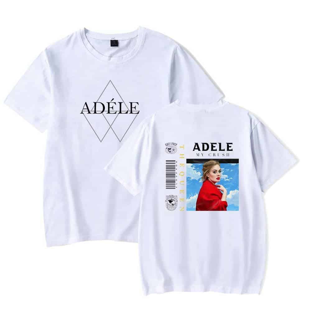 Adèle merchandise t-shirt featuring modern graphic design with her image, name, and album artwork, perfect for fans and collectors.