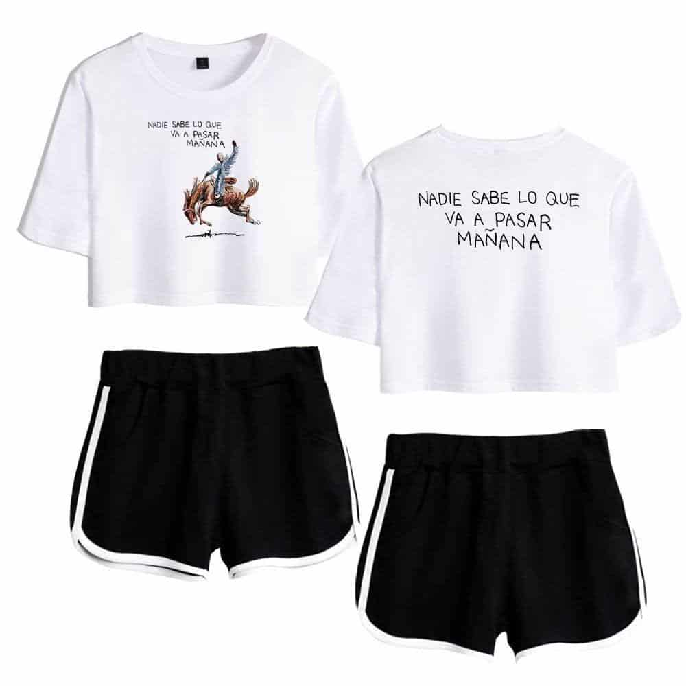 Nadie sabe lo que va a pasar mañana printed on white cropped t-shirt, paired with black athletic shorts with white trim. Casual and trendy merch perfect for everyday wear or workouts.