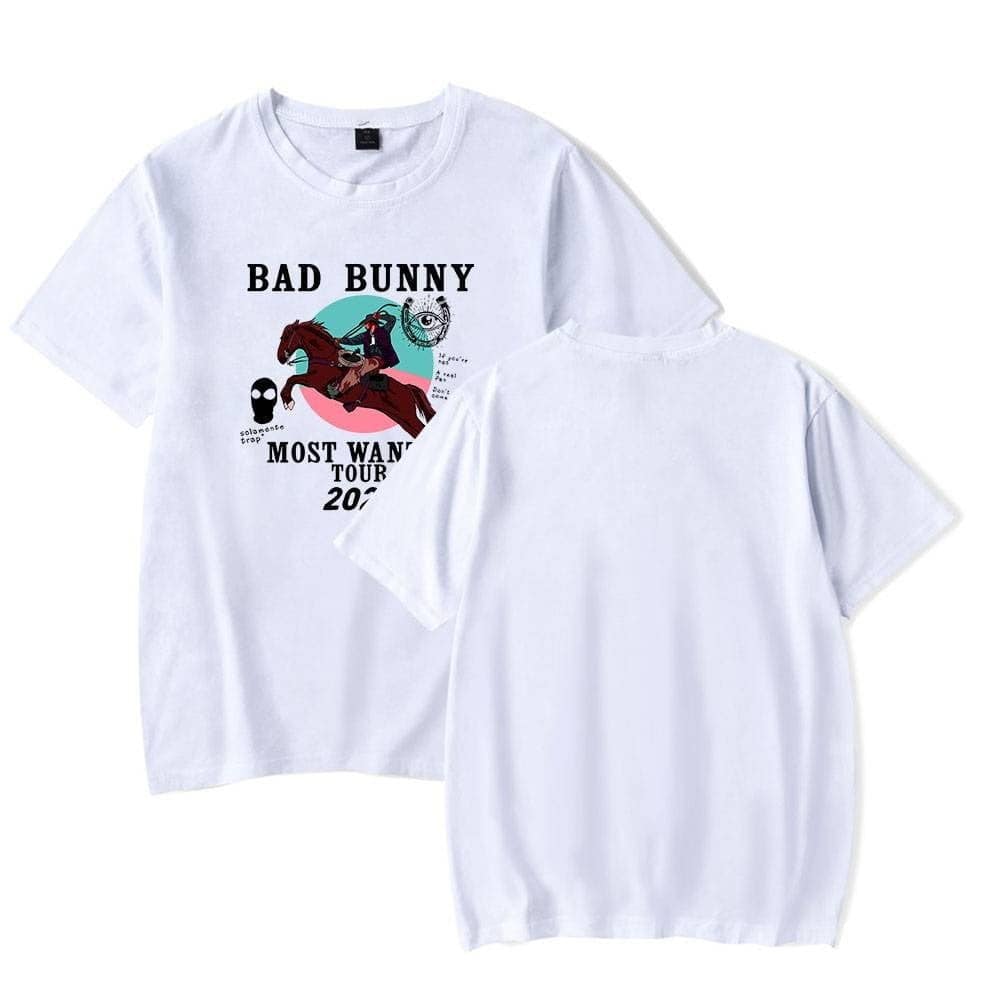 Bad bunny tour merchandise t-shirt with graphic design of a rider on a horse and playful illustrations, part of the 2023 most wanted tour collection.