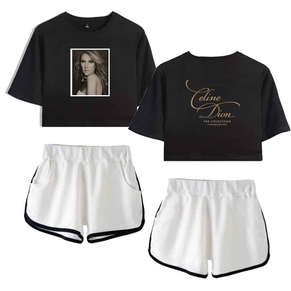 Celine Dion graphic crop top and shorts set, stylish and comfortable merchandise, perfect for fans of the singer and her Coliseum tour.