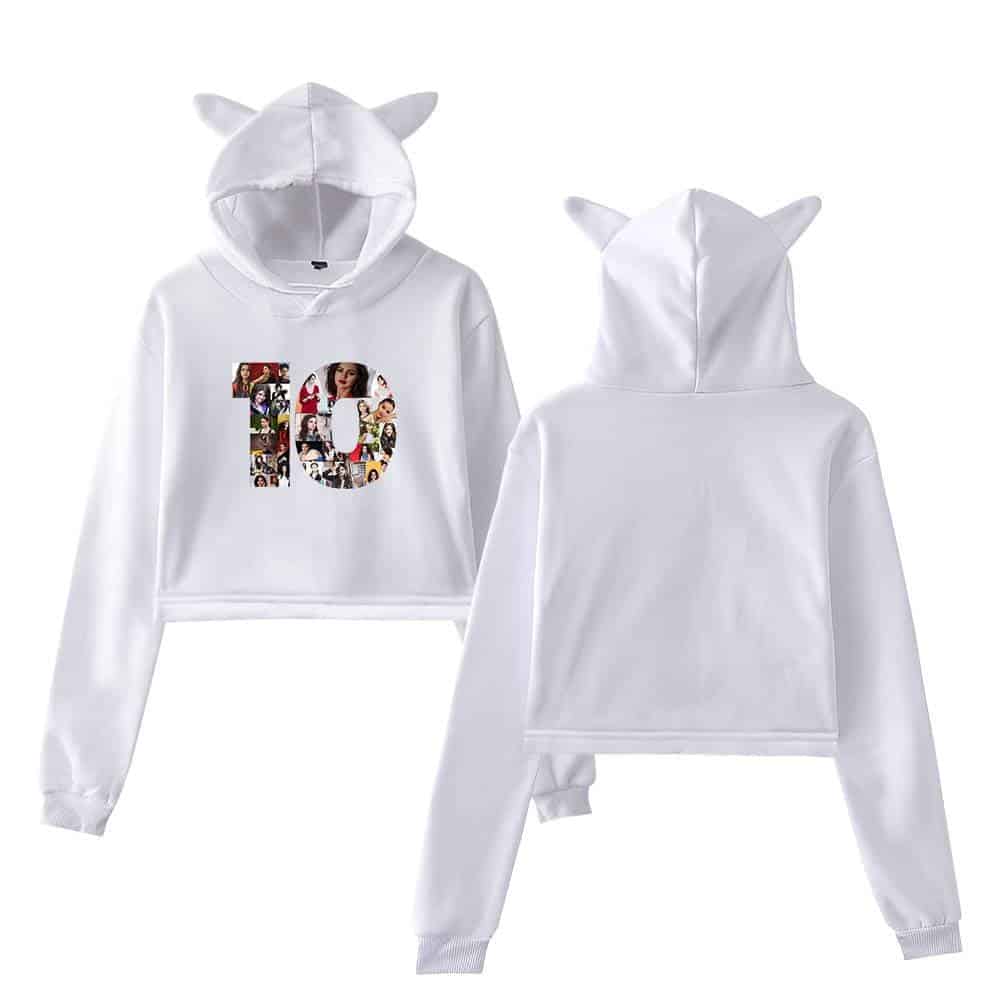 Photo of white matching hoodie and sweatpants set with animal ears on the hoodie hood, made from soft fabric, perfect for casual wear and lounging, featuring a colorful graphic design on the front.