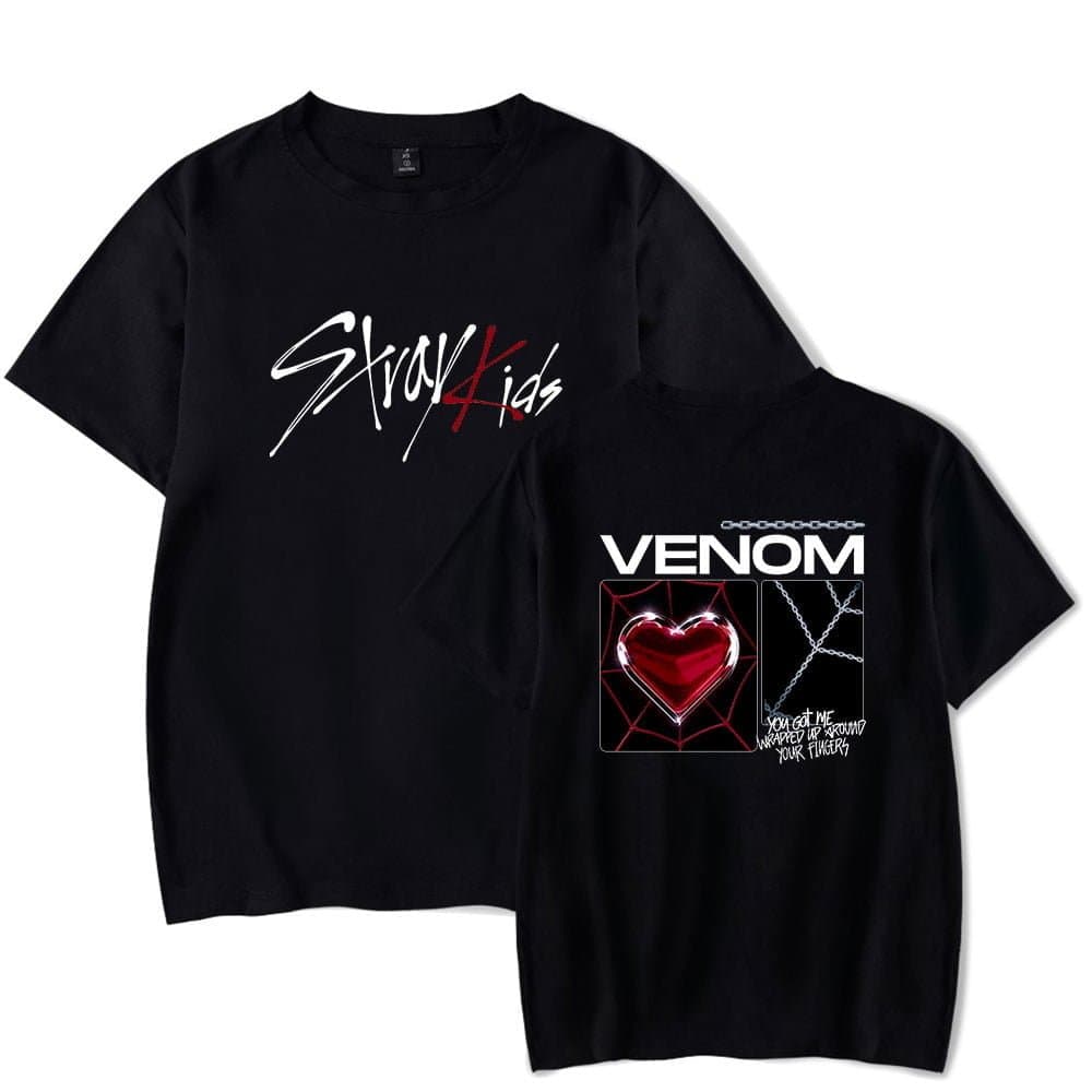 Stylish black graphic t-shirts featuring the "Stroy4 Kids" logo and a "Venom" design with a neon heart and chains, perfect for streetwear or casual fashion statements.