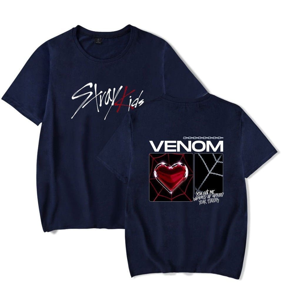 Stray Kids and Venom graphic t-shirts, navy blue with bold print, perfect for fans, casual wear, and concerts, featuring striking designs and vibrant colors.