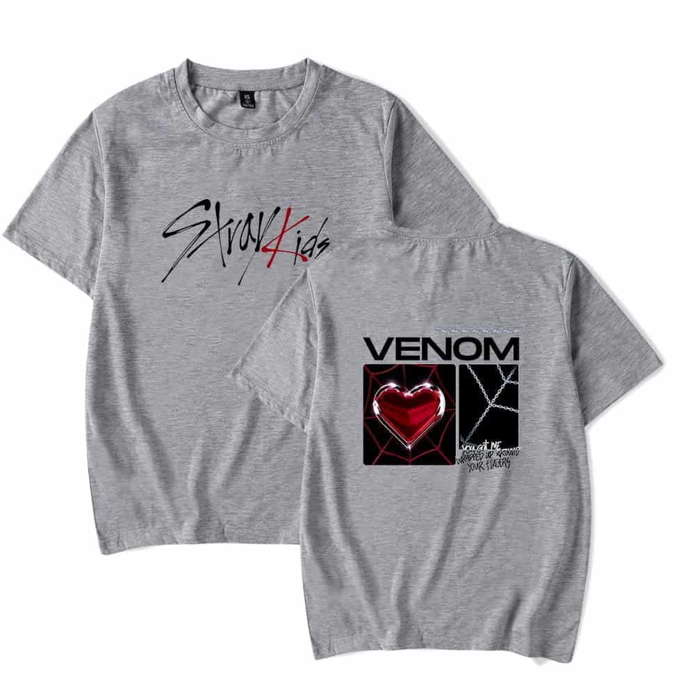 Stray Kids and Venom graphic t-shirt in heather gray, featuring bold, stylish designs on the front and back, perfect for fans of music and pop culture merchandise.