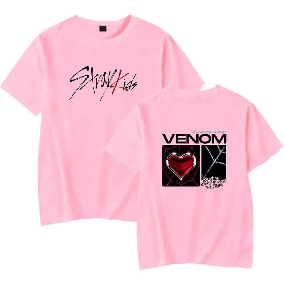 Stay4Kid pink graphic t-shirt with bold designer text and edgy heart and chain artwork, perfect for streetwear or casual outfits.