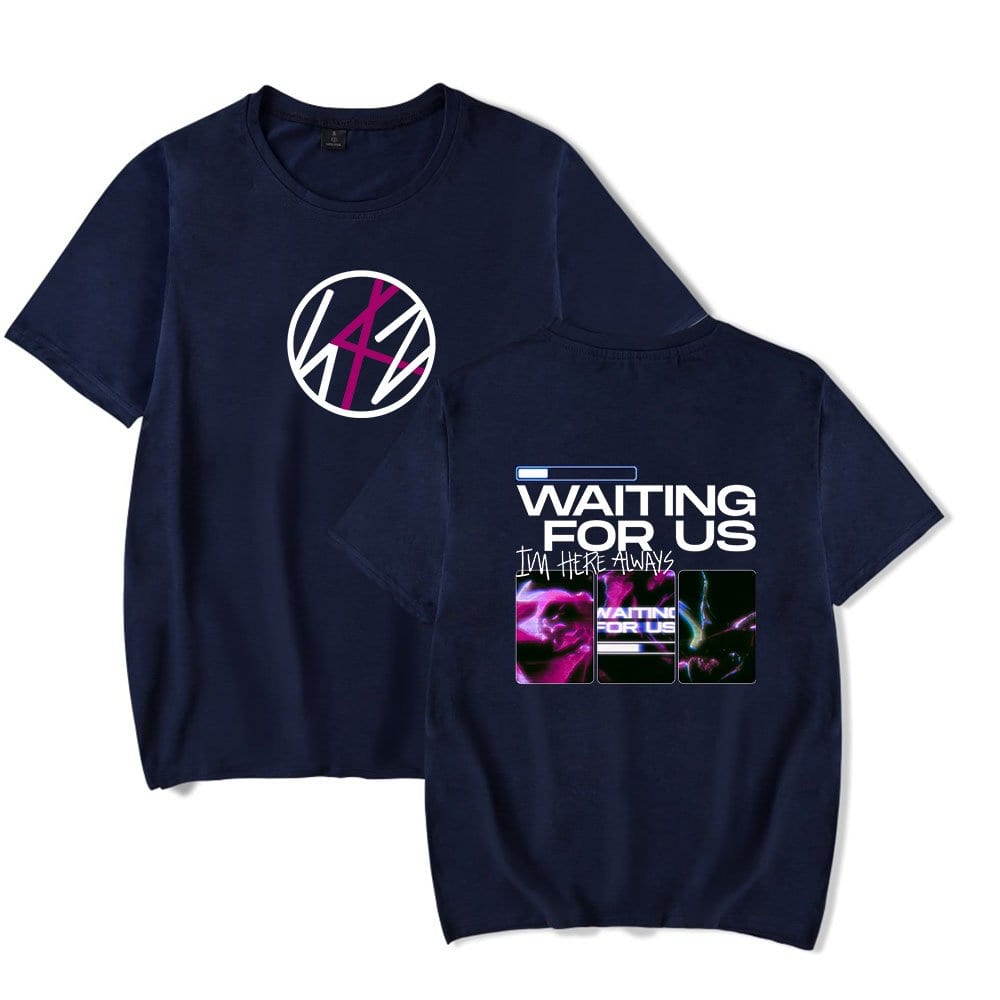 4. A navy blue t-shirt featuring a circular logo on the front and a digital-inspired graphic on the back with the text "Waiting for Us" and "I'm Here Always" in a neon, glitch art style.