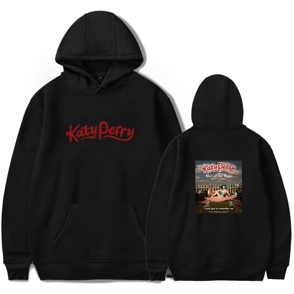 Katy Perry hoodie with front logo and back album artwork print, featuring her name and album title, perfect for fans of her music and merchandise.