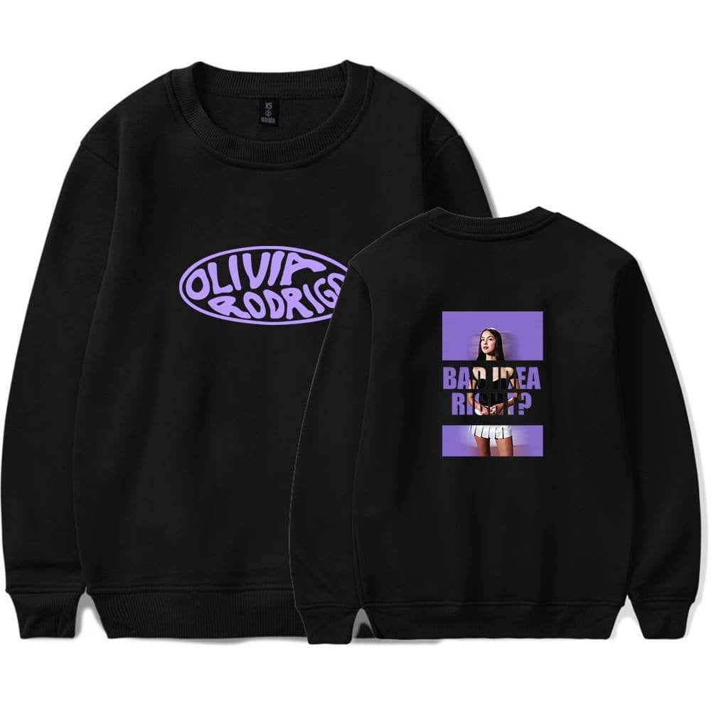 OLIVIA RODRIGO sweatshirt featuring her name in purple text on the front and a photo of her with a purple background and "BACHELOR RUP?!" text on the back.
