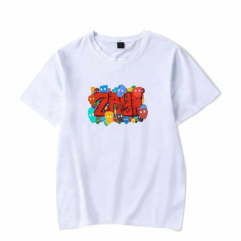 Bright white t-shirt featuring colorful, playful characters with a bold red "ZAYI" graphic design, perfect for casual wear and expressing fun style.
