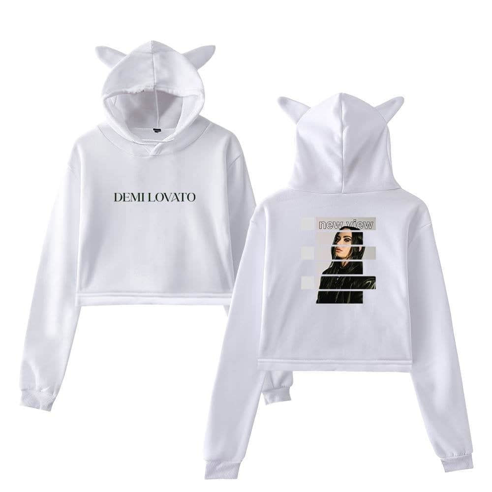 Demi Lovato white hoodie with a front text print and graphic back design featuring a woman's image and the words "new view", with unicorn ears on the hood.