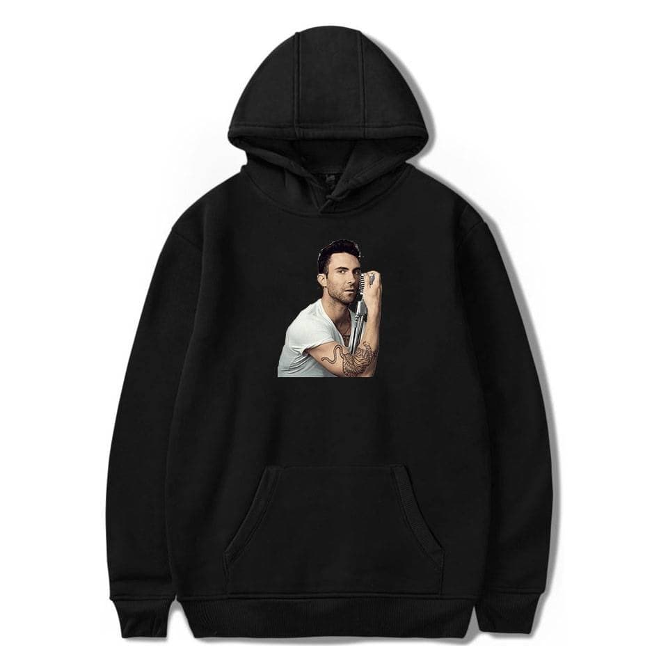 A black hoodie featuring a printed image of a man holding a microphone, showcasing a stylish and casual merch item ideal for music fans or fans of the individual depicted.