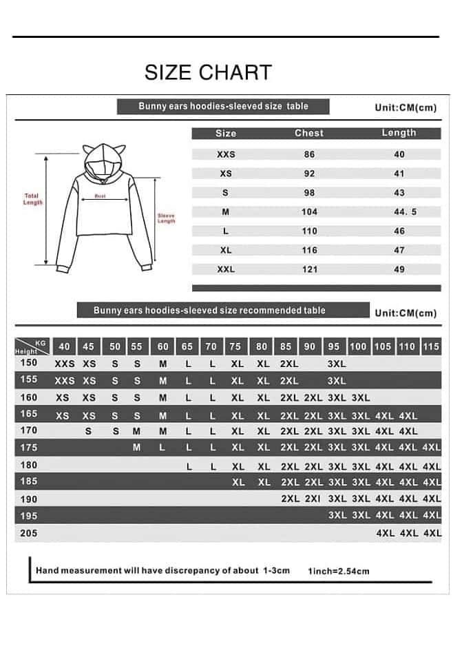 Gray bunny ears hoodie with size chart and measurements.