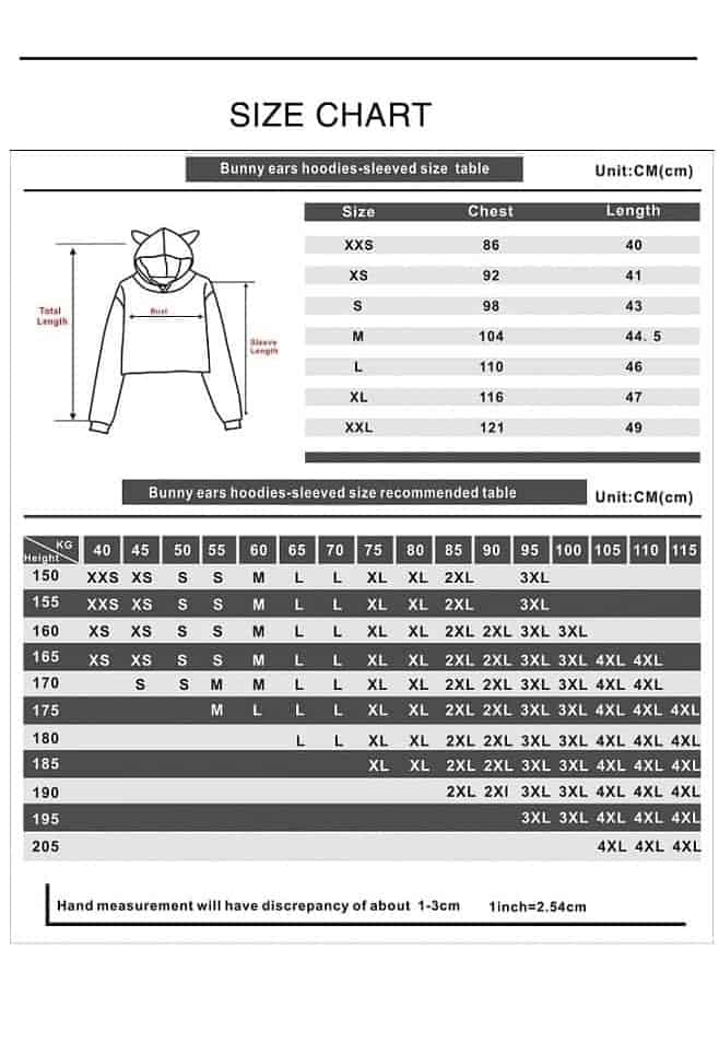 Cute bunny ears hoodie with size chart and recommended sizing guide for women and girls. Perfect for casual wear and comfortable fit. Available in various sizes from XS to 4XL.