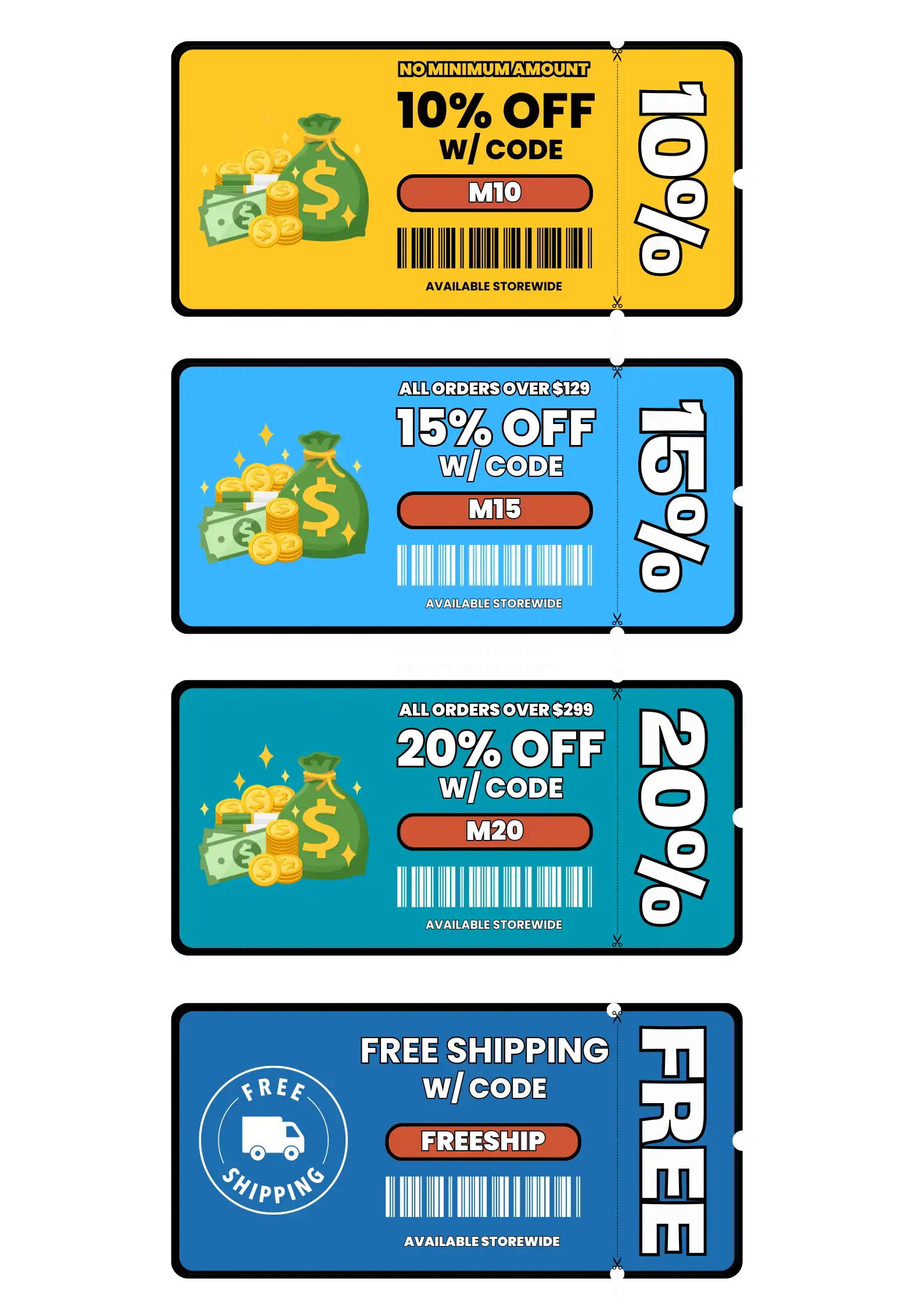 15% off coupons with barcodes for merchandise discounts, emphasizing savings on storewide items.