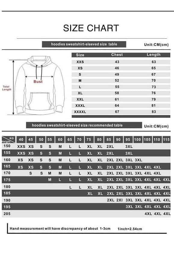 Size chart for hoodies, sweatshirts, and sleeved shirts with measurements and recommended sizes for various heights and weights.