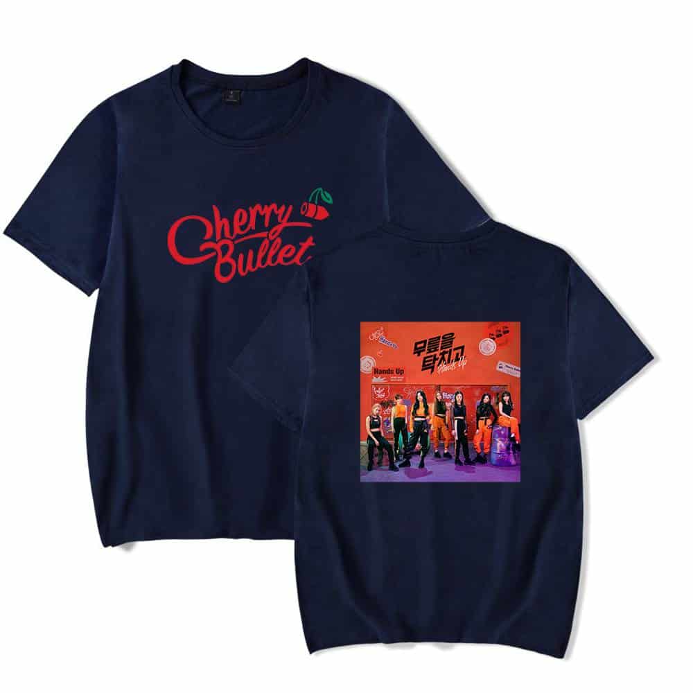 Cherry Bullet themed t-shirt featuring the group’s logo on the front and a colorful group photo on the back, perfect for fans and casual wear.
