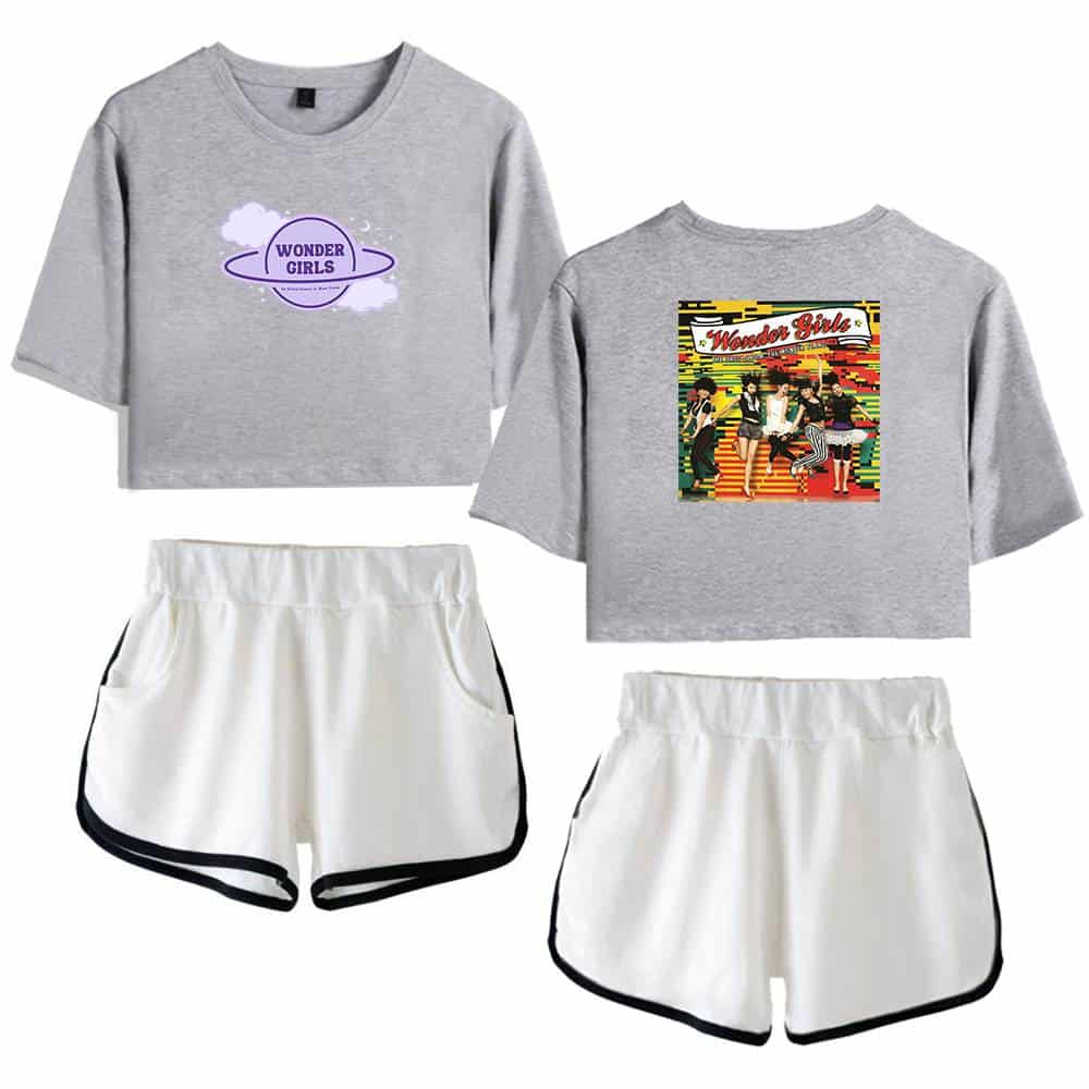 Wonder Girls graphic sweatshirt and athletic shorts merchandise set, casual streetwear style, perfect for fans and fashion enthusiasts.