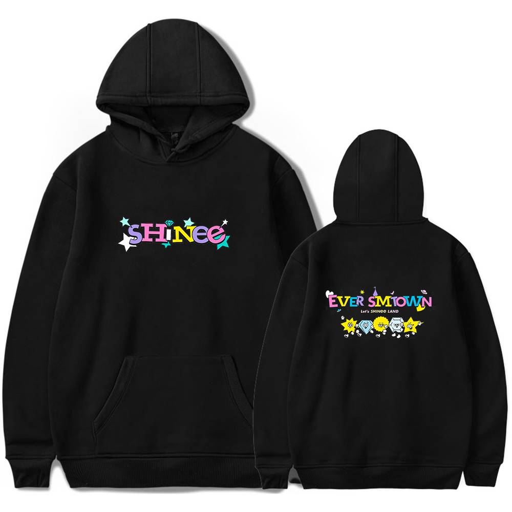SHINee hoodie with colorful text and star graphics, perfect for fans of the K-pop group. Features the words "SHINee" on the front and "Ever Shinee Land" on the back with cute cartoon characters.