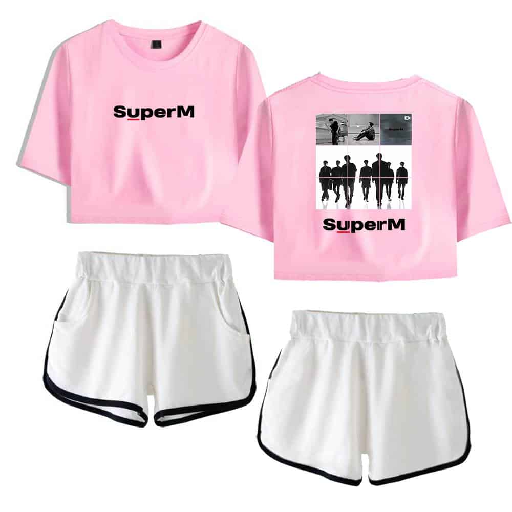 Pink cropped T-shirt with "SuperM" logo in black and red, paired with white athletic shorts with black trim, designed for fans and members of the SuperM K-pop group.