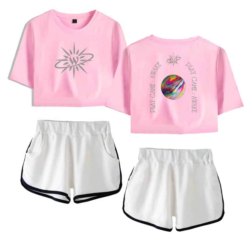 Retro space-themed pink t-shirt and athletic shorts set, featuring galaxy print and cosmic graphics, perfect for casual wear, gaming, and street style fashion.