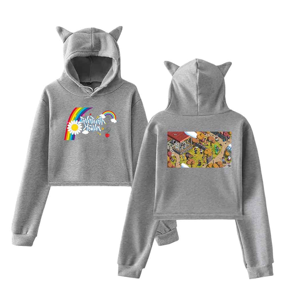 Neveland healer hoodie with colorful rainbow, daisy, and playful design, featuring cat ears on the hood, perfect for fans of cute, quirky, and comfortable merch.