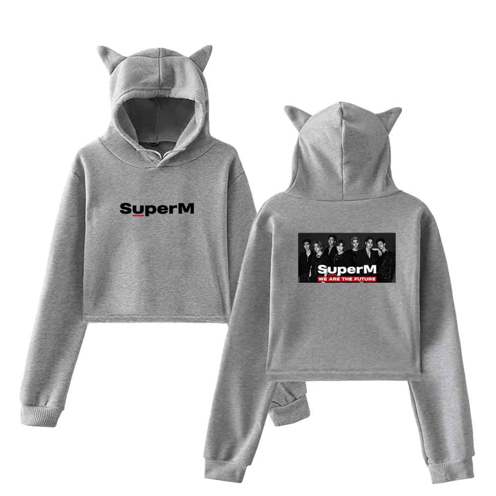 SuperM hoodie with cat ears, featuring the group's logo on the front and a promotional image on the back. Perfect for fans wanting stylish, comfortable merchandise.