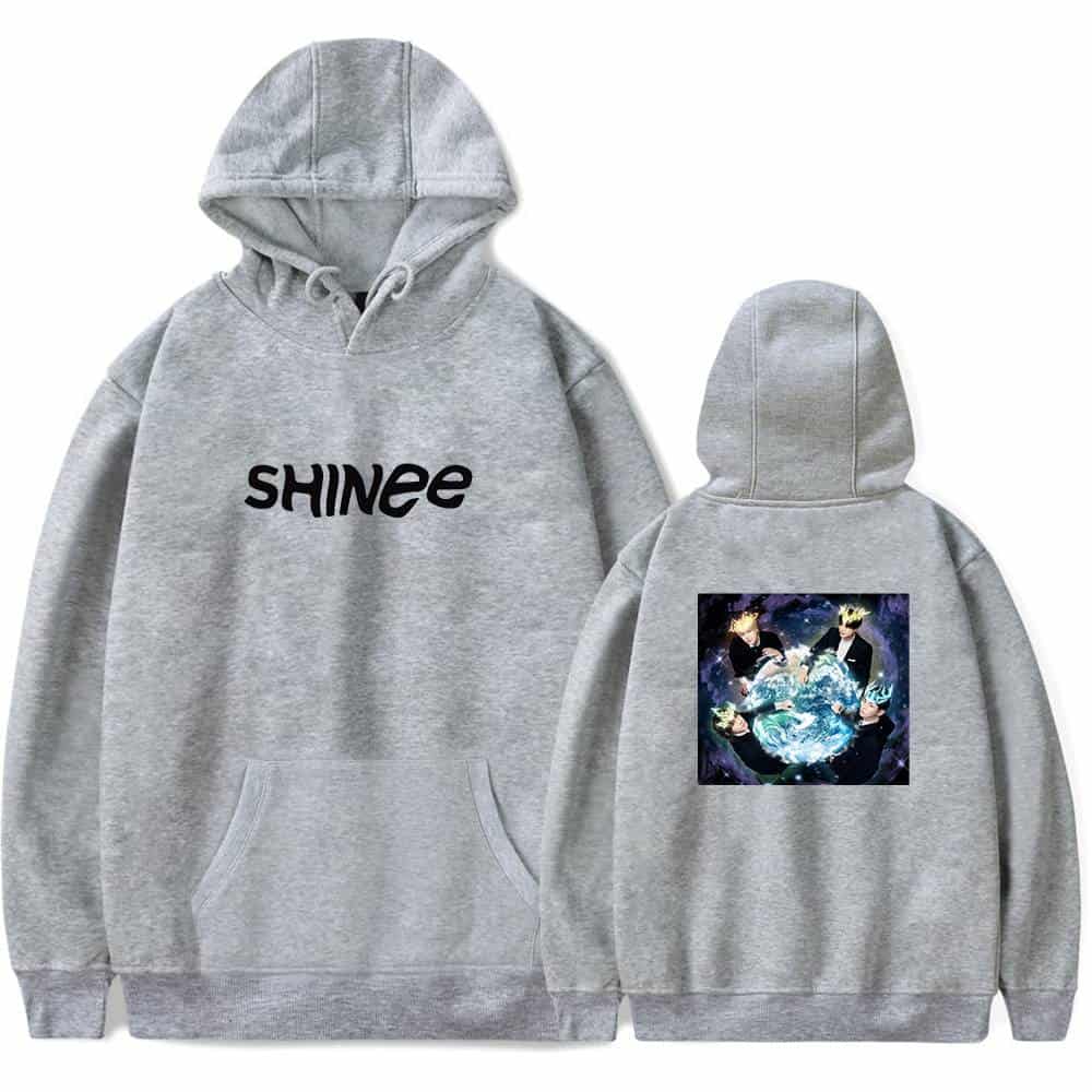 SHINee hoodie with front text and back graphic design featuring the group performing on stage, made of soft grey fabric perfect for fans and casual wear.