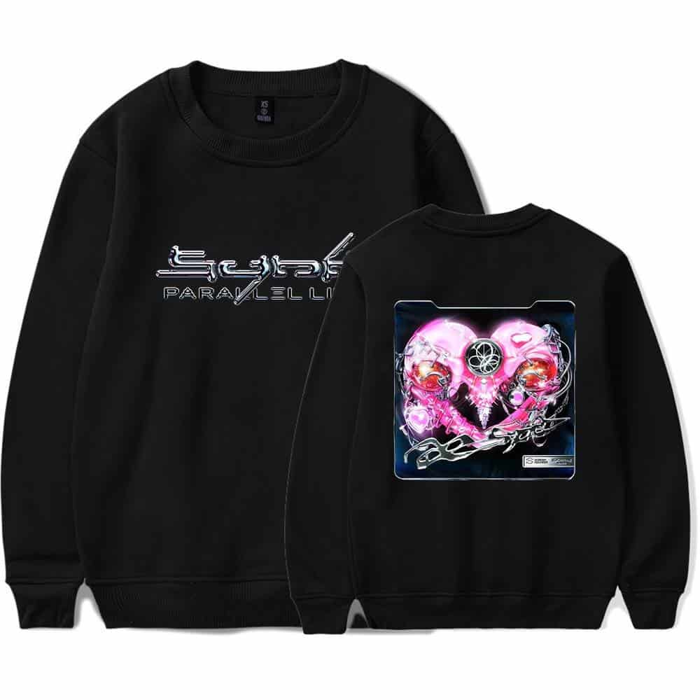Black sweatshirt featuring "SPACE PARALLELISM" text on the front and a colorful, neon-inspired cosmic heart design on the back, perfect for sci-fi and futuristic fashion enthusiasts.