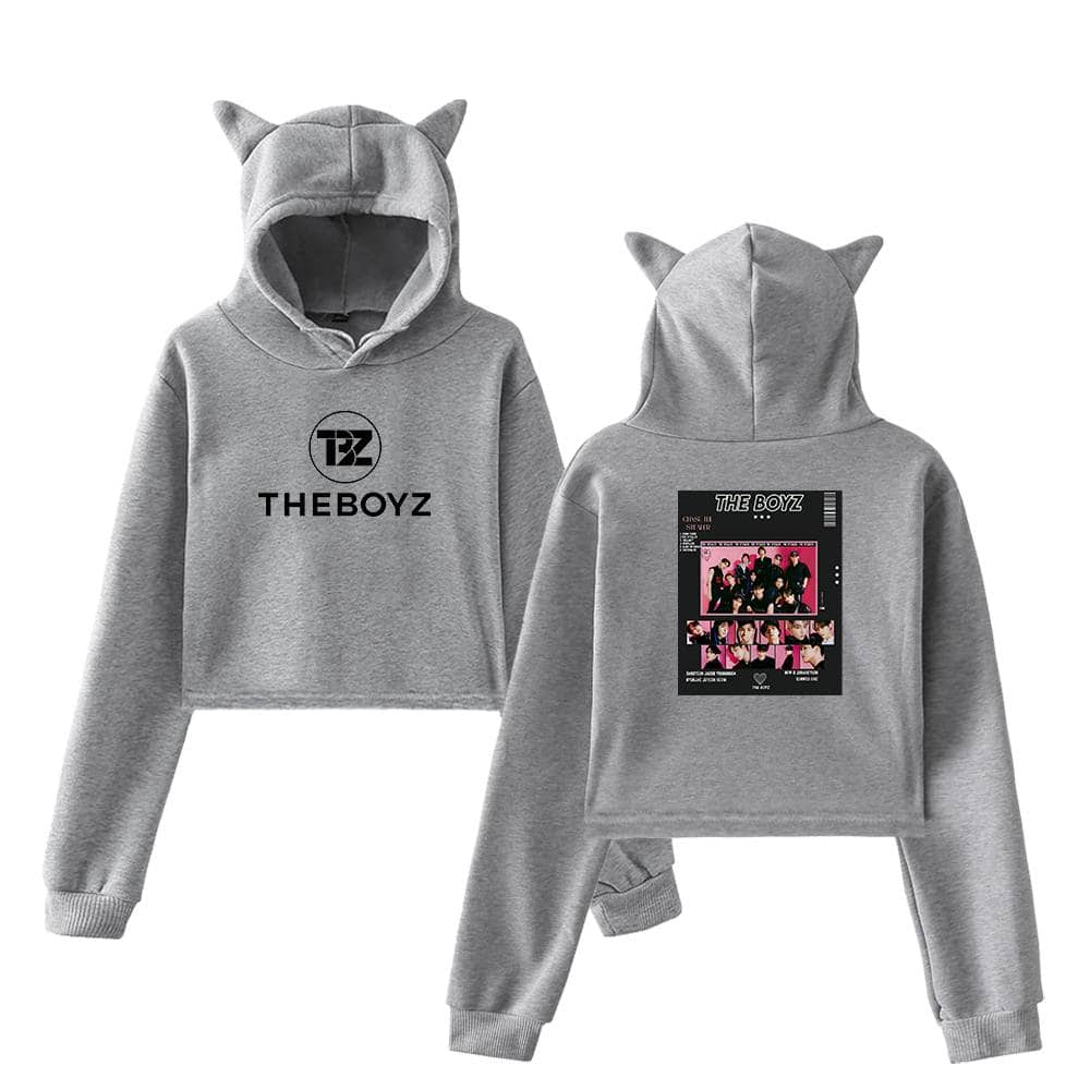 TBZ THEBOYZ matching grey hoodie and sweatpants set with cat ear hoodies, featuring band logo and album artwork, perfect for fans to showcase their love for the K-pop group.