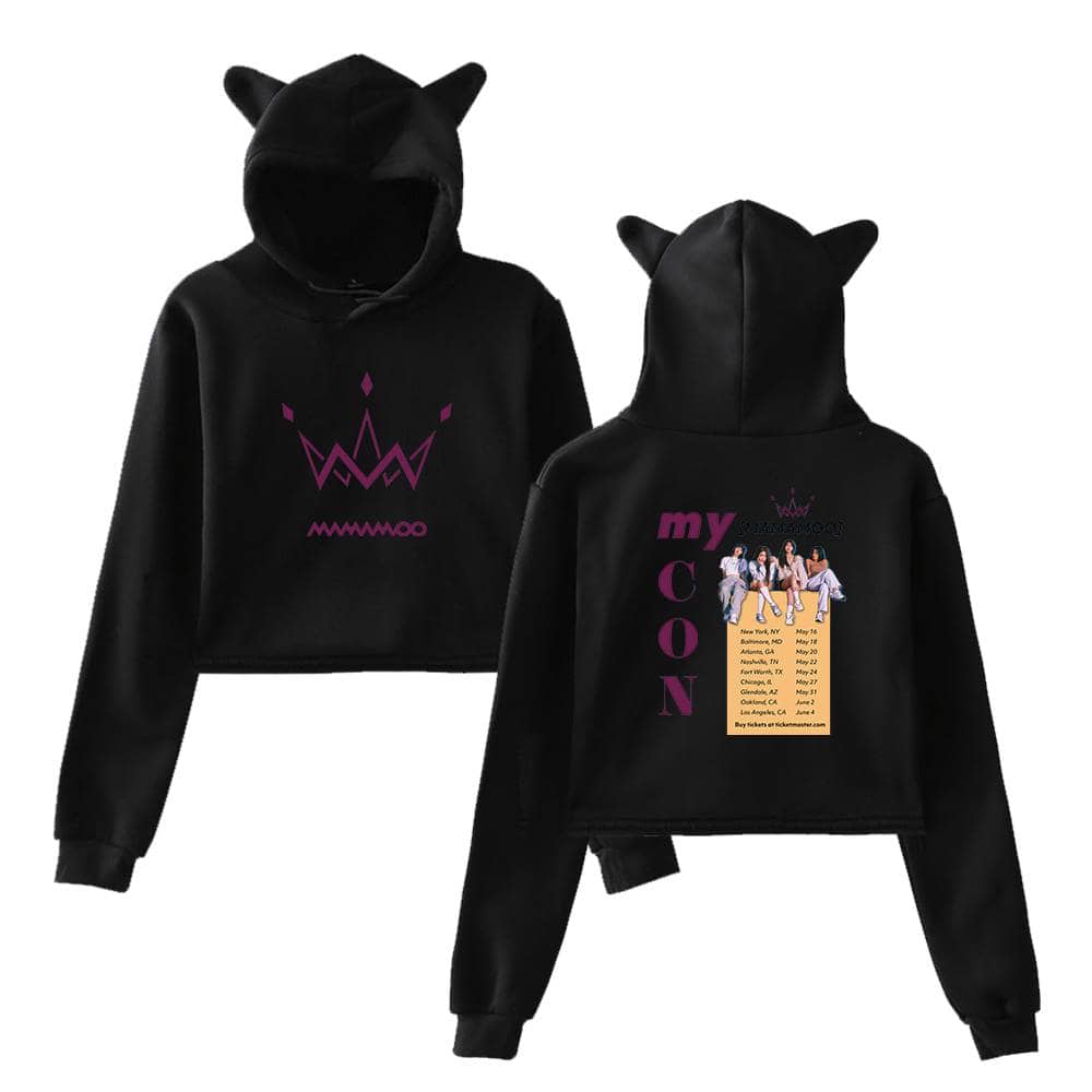 Black hooded sweatshirt with princess crown design and concert tour details for a girl group.