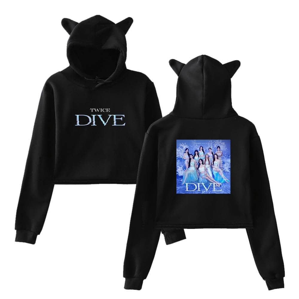 Black hoodie with "TWICE DIVE" graphic and members photo on the back, featuring cat ear hood design, perfect for K-pop fans and merchandise collectors.
