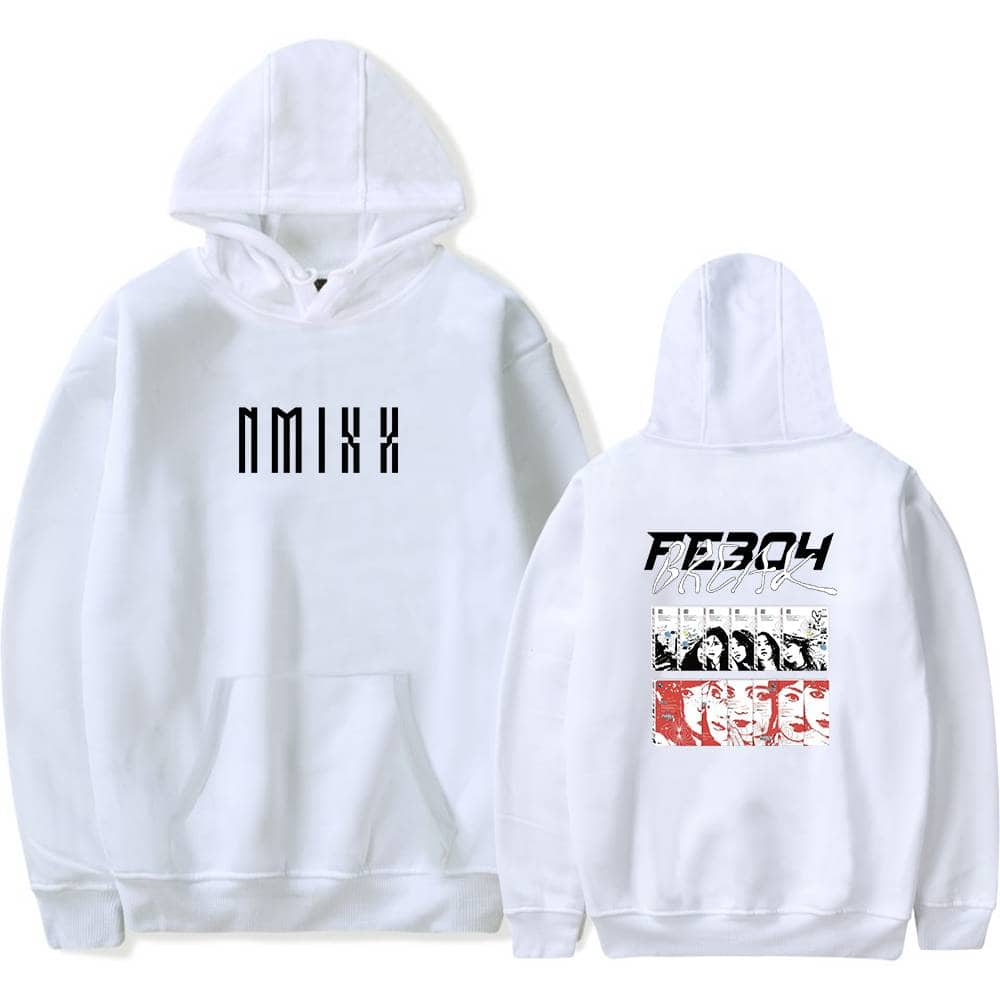 Nmixx hoodie with front and back graphic design, cozy casual wear for fans of the K-pop girl group.