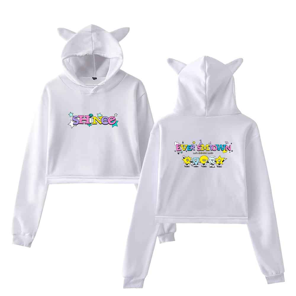 SHINee hoodie sweatshirt with colorful cartoon design, featuring the group's name and characters, perfect for K-pop fans and streetwear fashion.