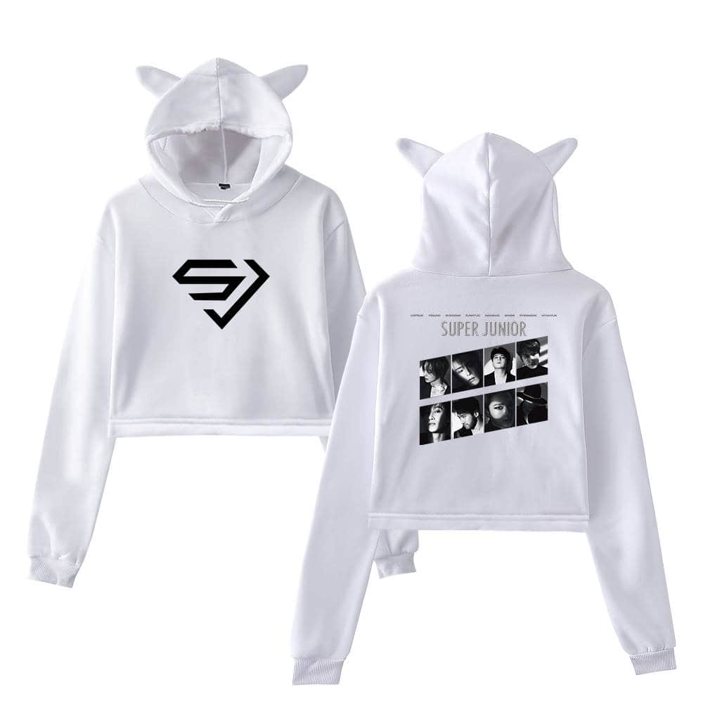 Super Junior white hoodie with cute animal ears on the hood, featuring the group's logo on the front and a collage of member photos on the back, perfect for fans and casual wear.