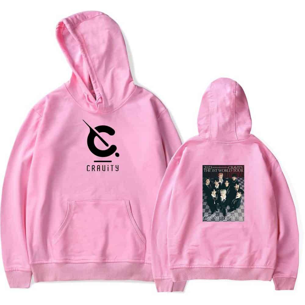Cravity pink hoodie sweatshirt with logo and tour poster, casual streetwear merch.