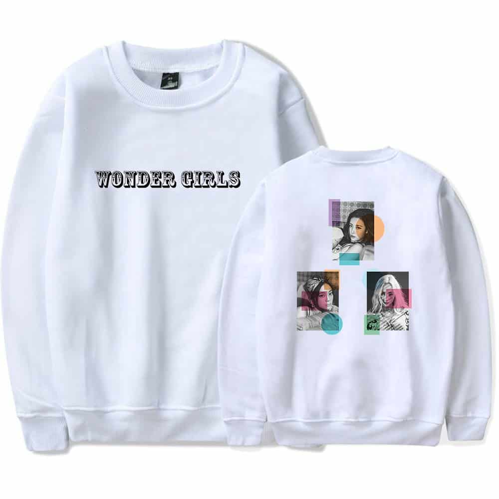 Wonder Girls promotional sweatshirt with front text design and colorful graphic print back, perfect for fans of the iconic K-pop girl group.